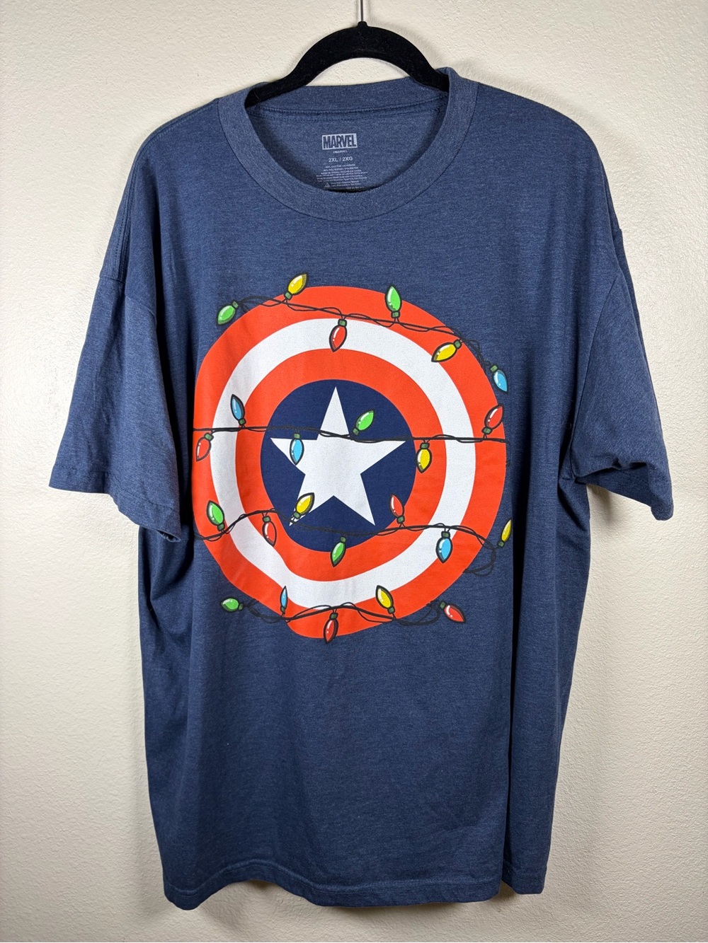 Marvel Captain America Christmas Holiday Shield Graphic Tee Blue 2XL